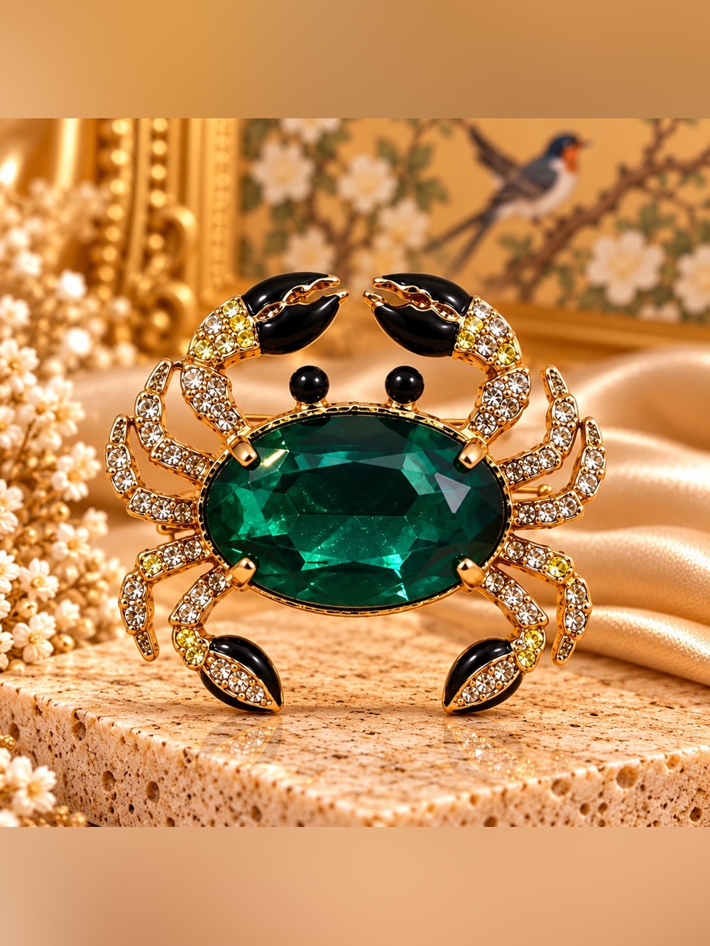 Green Crystal Crab Statement Brooch Rhinestone Animal Pin Fifi’Closet